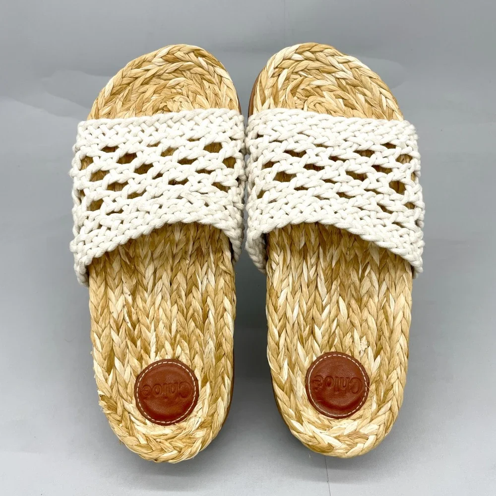 Chloe Wavy Crochet Slides Womens 38 7.5 Woven Raffia Sandals White Boho Coastal - Picture 8 of 11